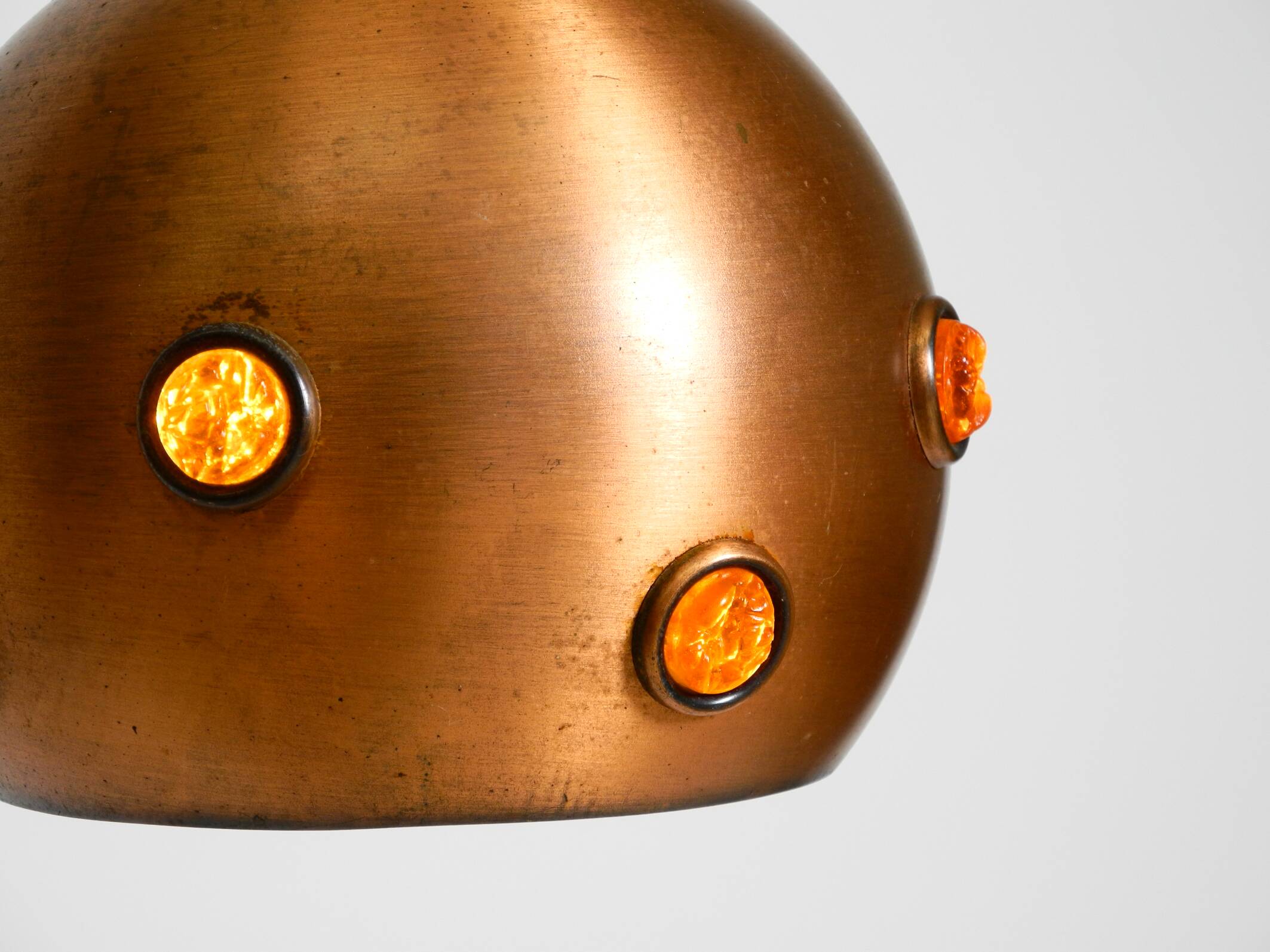 Original 1960s solid copper pendant lamp with orange synthetic glass stones