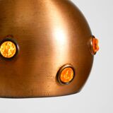 Original 1960s solid copper pendant lamp with orange synthetic glass stones
