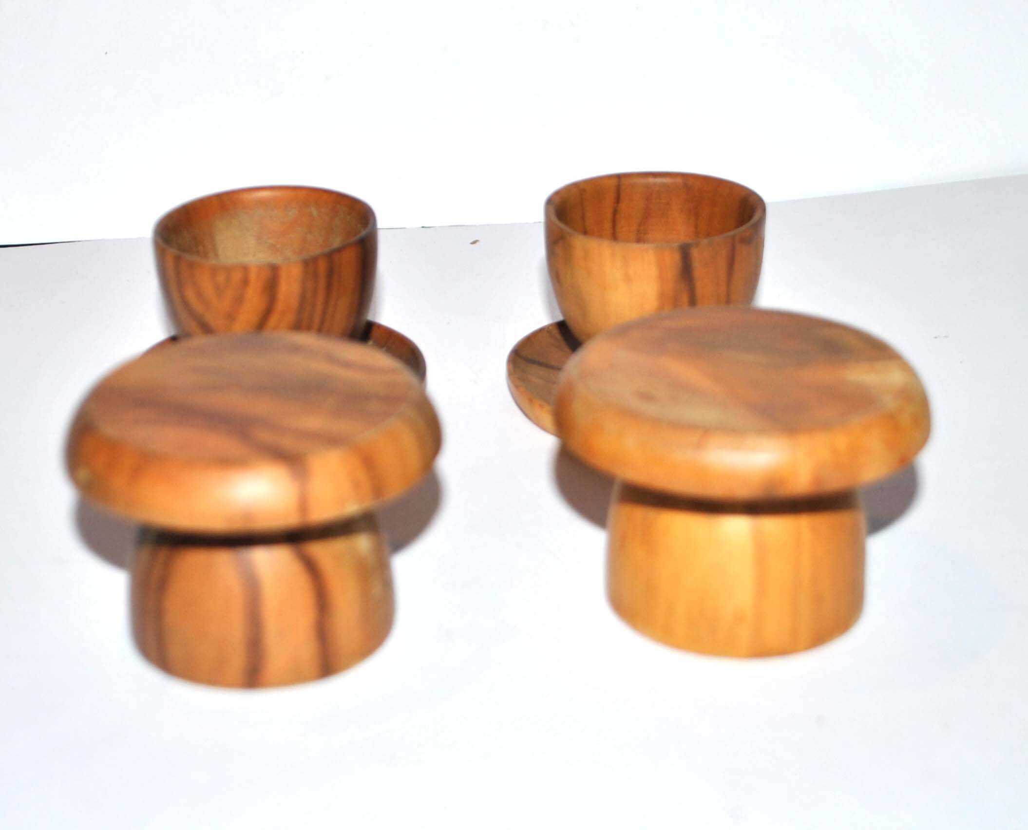 Set of 4 vintage mushroom egg cups in olive wood 4.5cm