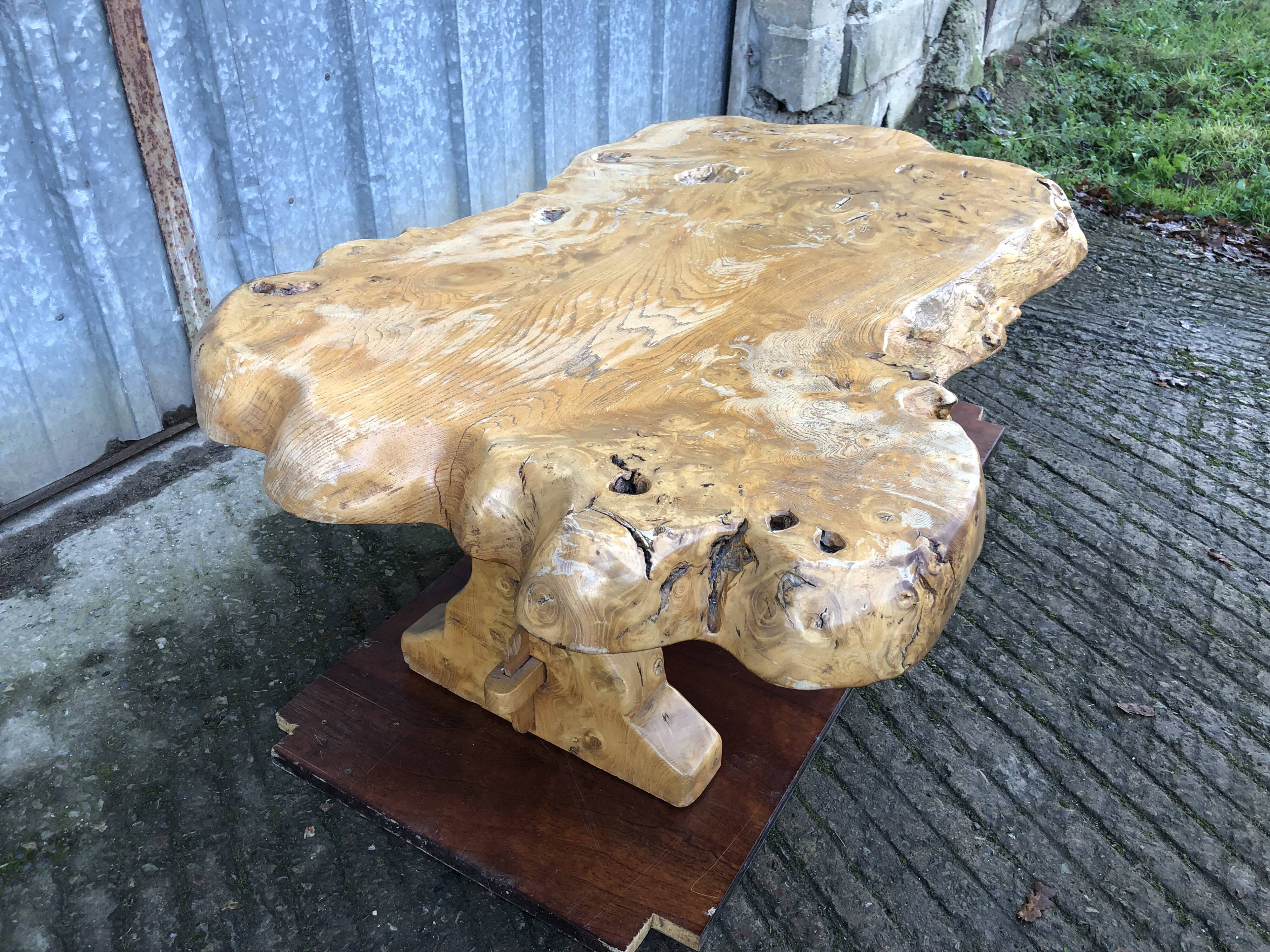 Handcrafted Brutalist coffee table in solid elm