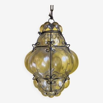 Blown murano glass and wrought iron chandelier