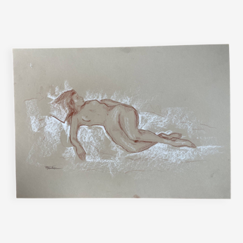 Tableau signé sanguine portrait féminin « la sieste »