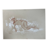 Tableau signé sanguine portrait féminin « la sieste »