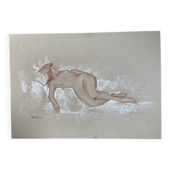 Signed painting red chalk female portrait "the nap"