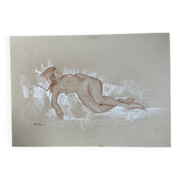 Tableau signé sanguine portrait féminin « la sieste »