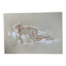 Tableau signé sanguine portrait féminin « la sieste »