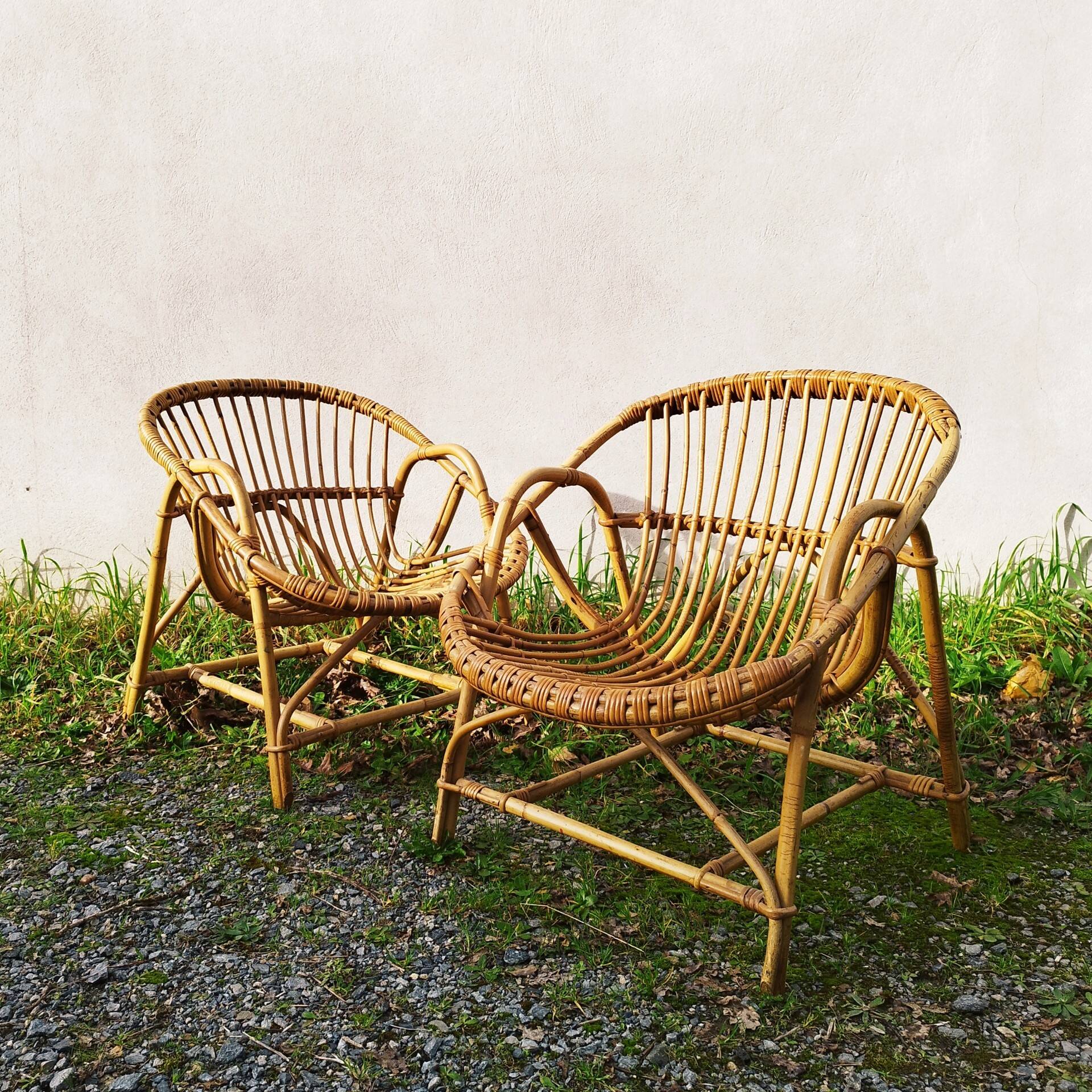 Pair of vintage rattan shell armchairs design 1960