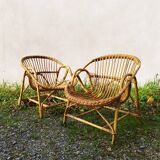 Pair of vintage rattan shell armchairs design 1960