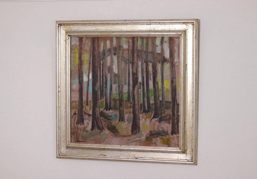 Original mid-century Swedish oil on panel – “Tree Trunks” by Harry Wichmann – dated 1953 – vintage & framed – 69 × 71 cm
