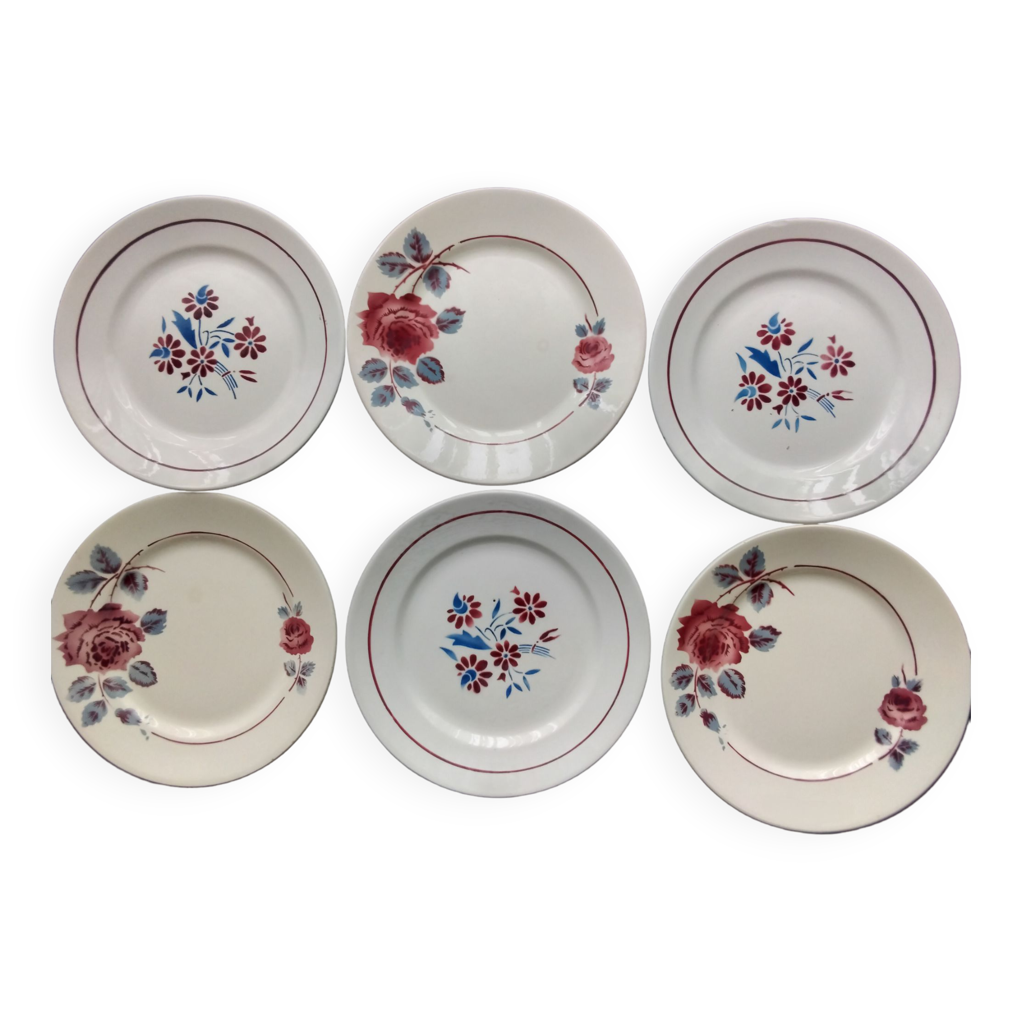 6 Badonviller and Lunéville mismatched dessert plates