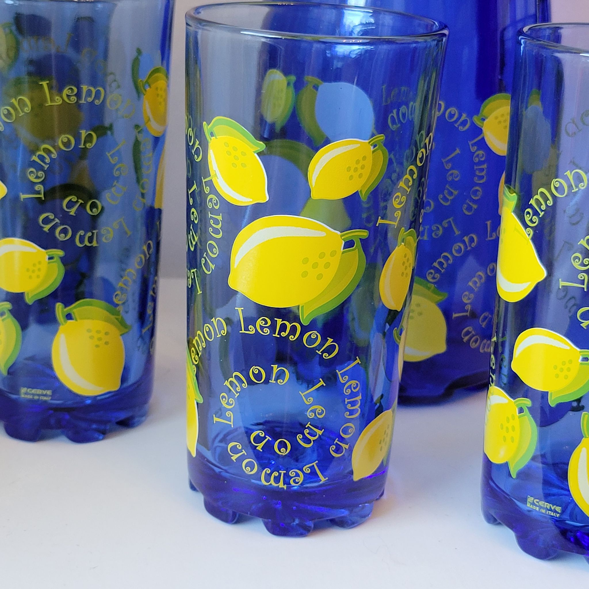 Service to orangeade citronnade in vintage blue glass carafe + 6 glasses