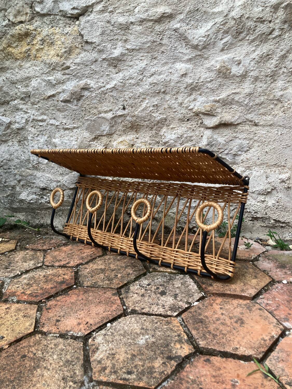 Vintage rattan wall coat rack