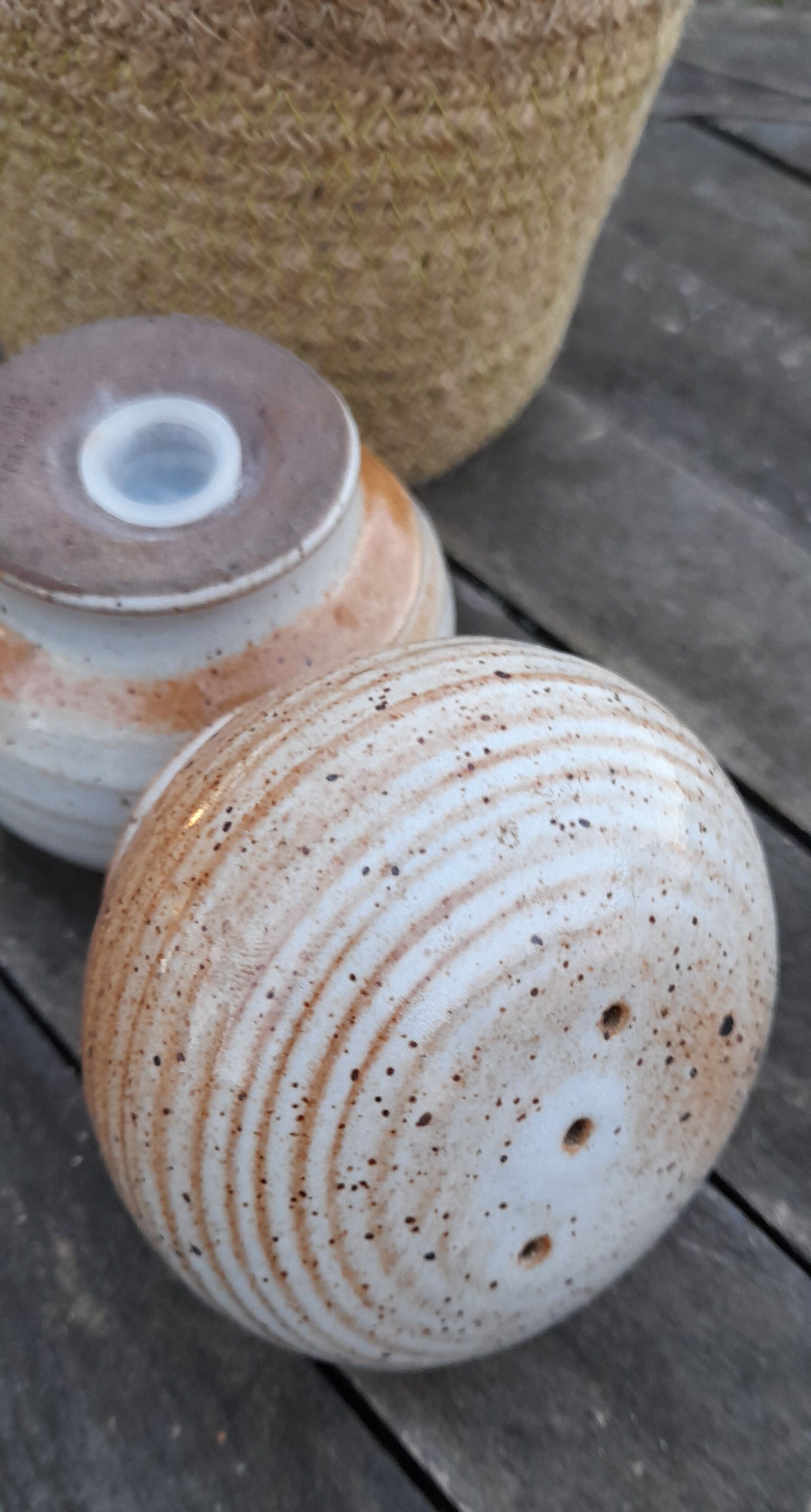 round salt and pepper shaker signed Grés du Marais, France, 60s