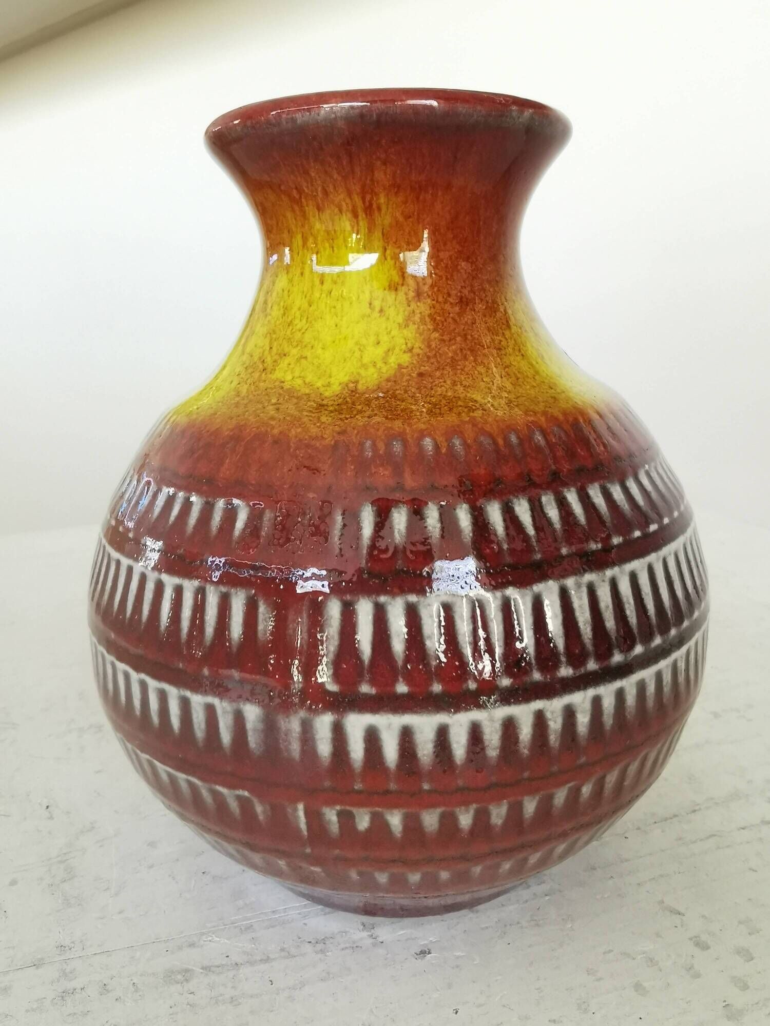 Vintage Scheurich Fat Lava Vase: West German Red & Yellow Pottery