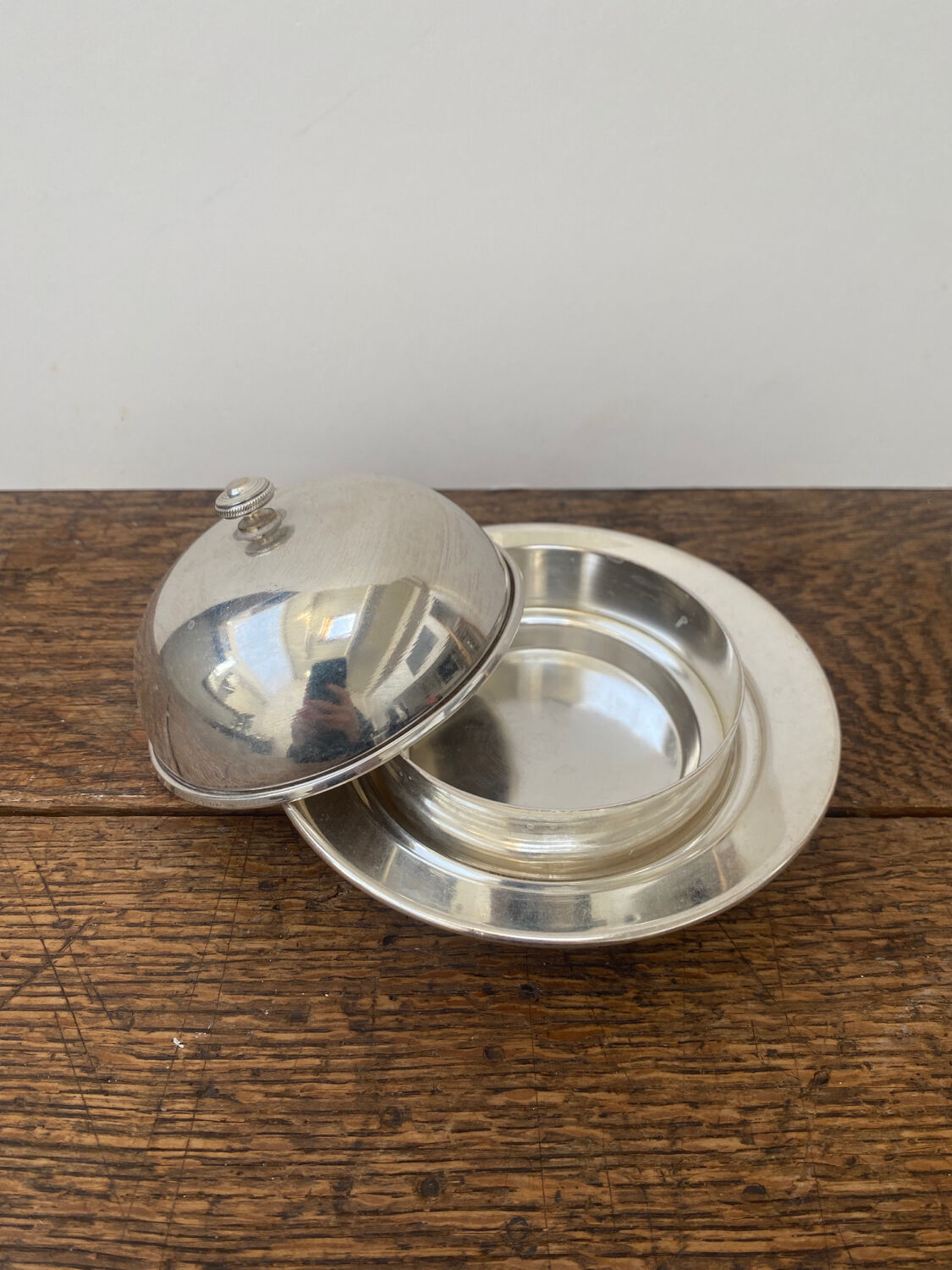 Silver metal butter dish