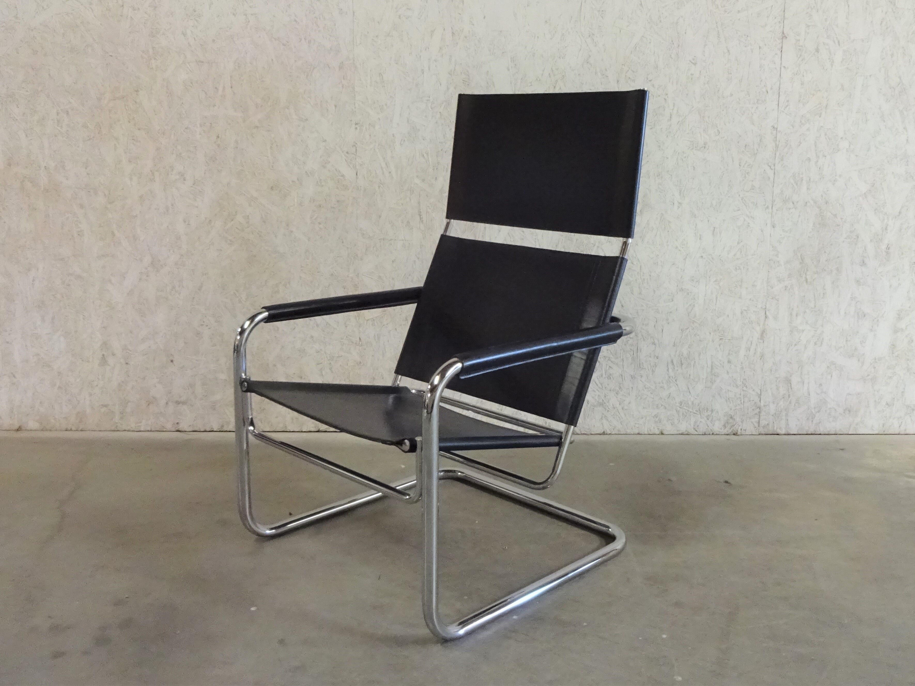 Tubular Lounge Armchair Model Rondo High with black leather by Heinrich Pfalzberger for Ag Wohnbarf