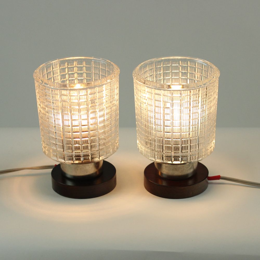 Set of 2 table lamps in glass and wood, Czechoslovakia 1960s