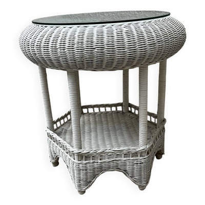 Table guéridon rotin blanc vintage