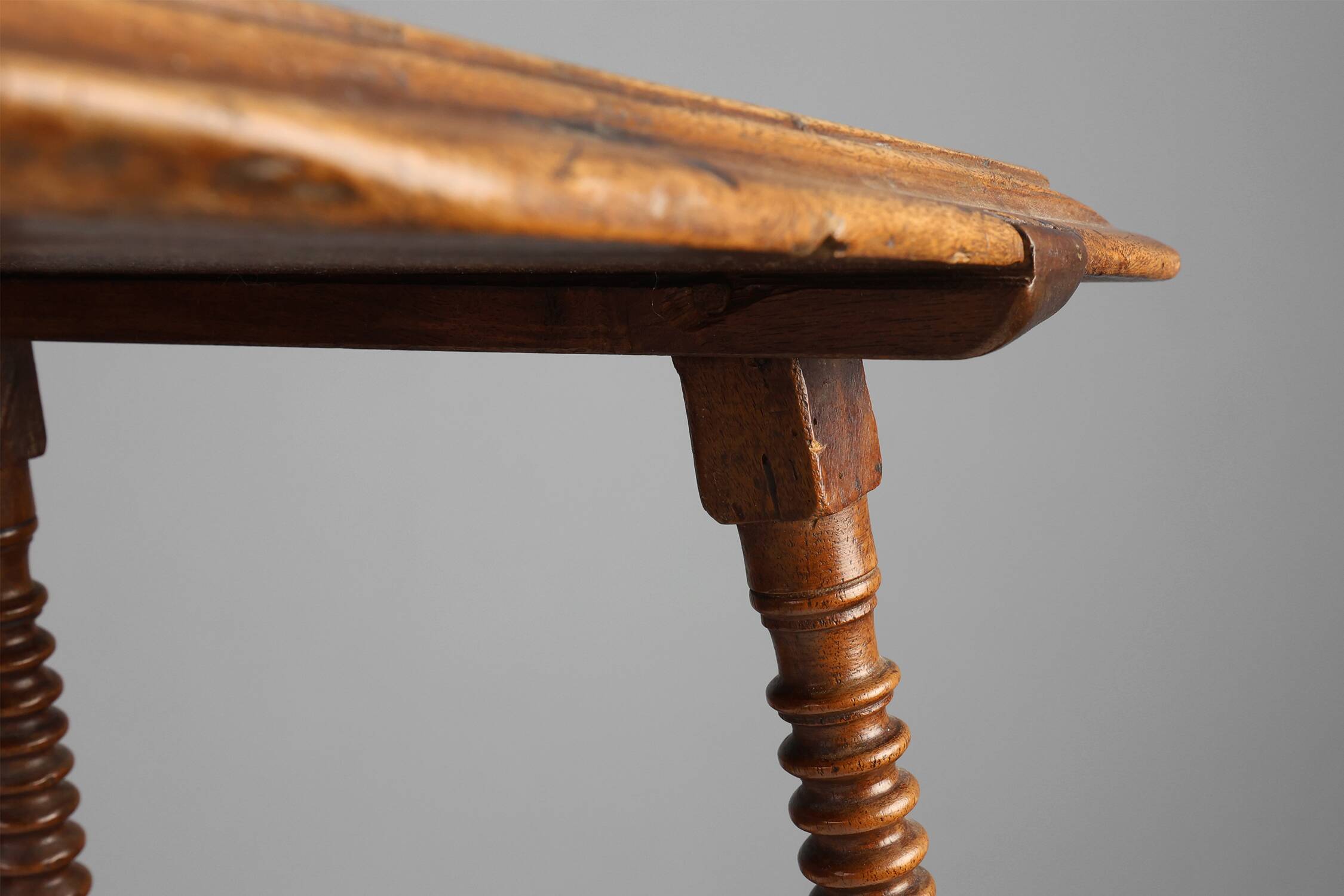 Antique Oak Side Table with Turned Legs and Stretcher Base, Spain, 17th Cen
