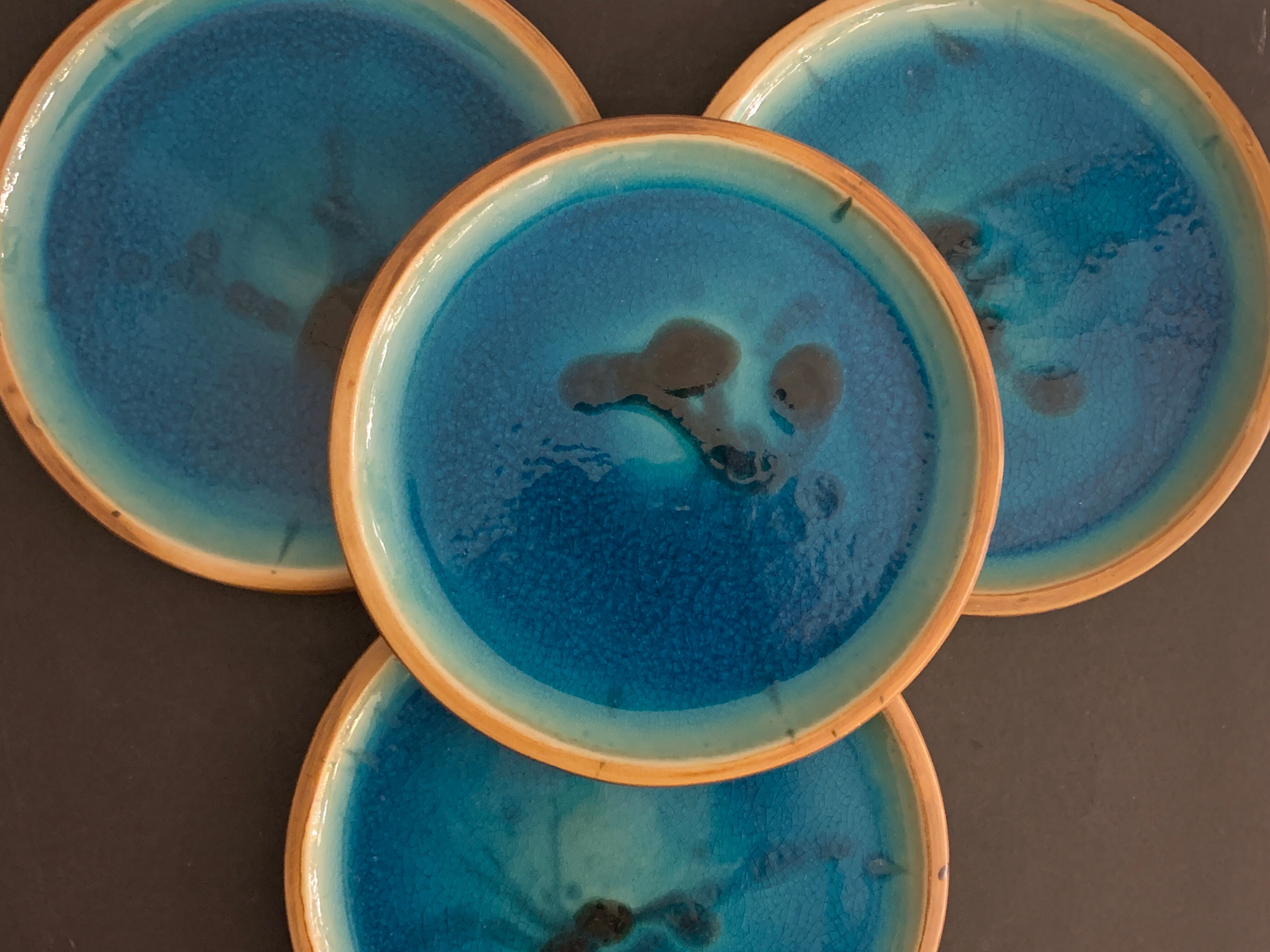 4 flat plates in blue enamelled ceramic La Poterie de la Colombe
