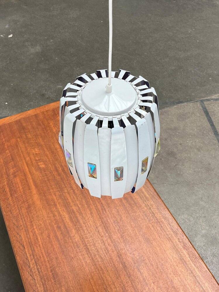 Metal pendant lamp and prism model in white mid-century by Werner Schou for Coronell Elektro, Denmark, 1960s.