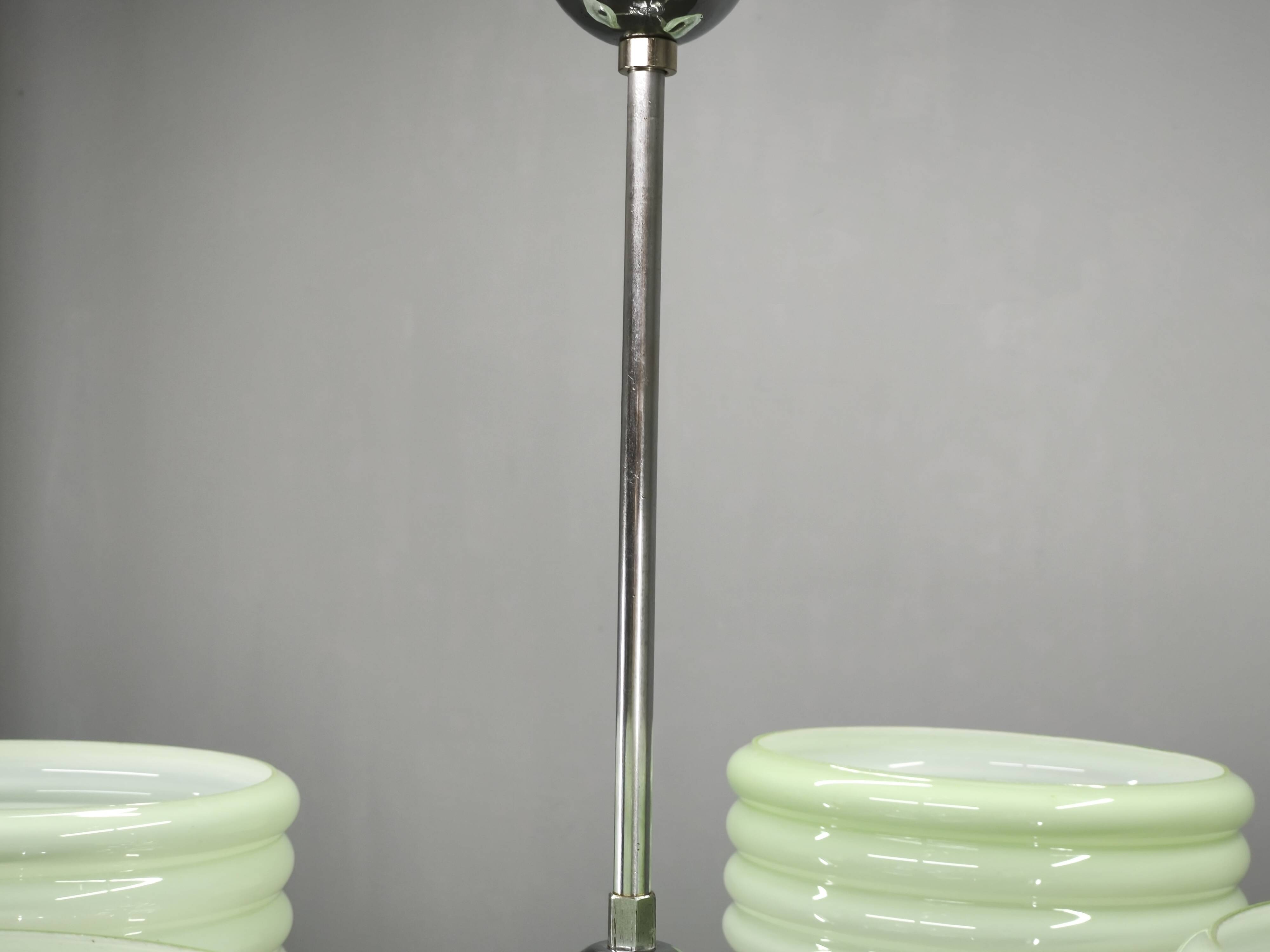 Art Deco Green Opaline Glass Chandelier, Czechoslovakia 1930s