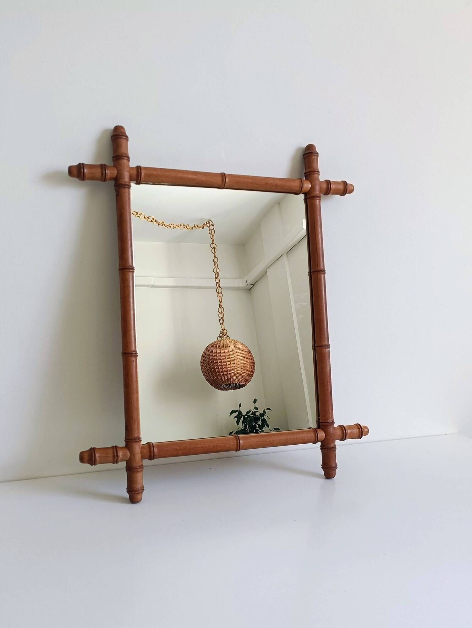 Art Nouveau Faux Bamboo Mirror, 65cm / 25.8", Handmade, Wood, C. 1900