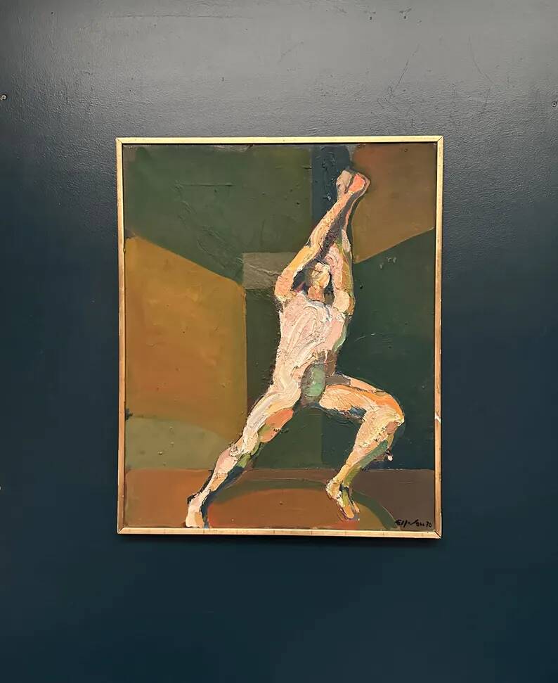 Swedish Oil on Canvas"The Discus Thrower" by Eric Elfvén,vintage and framed