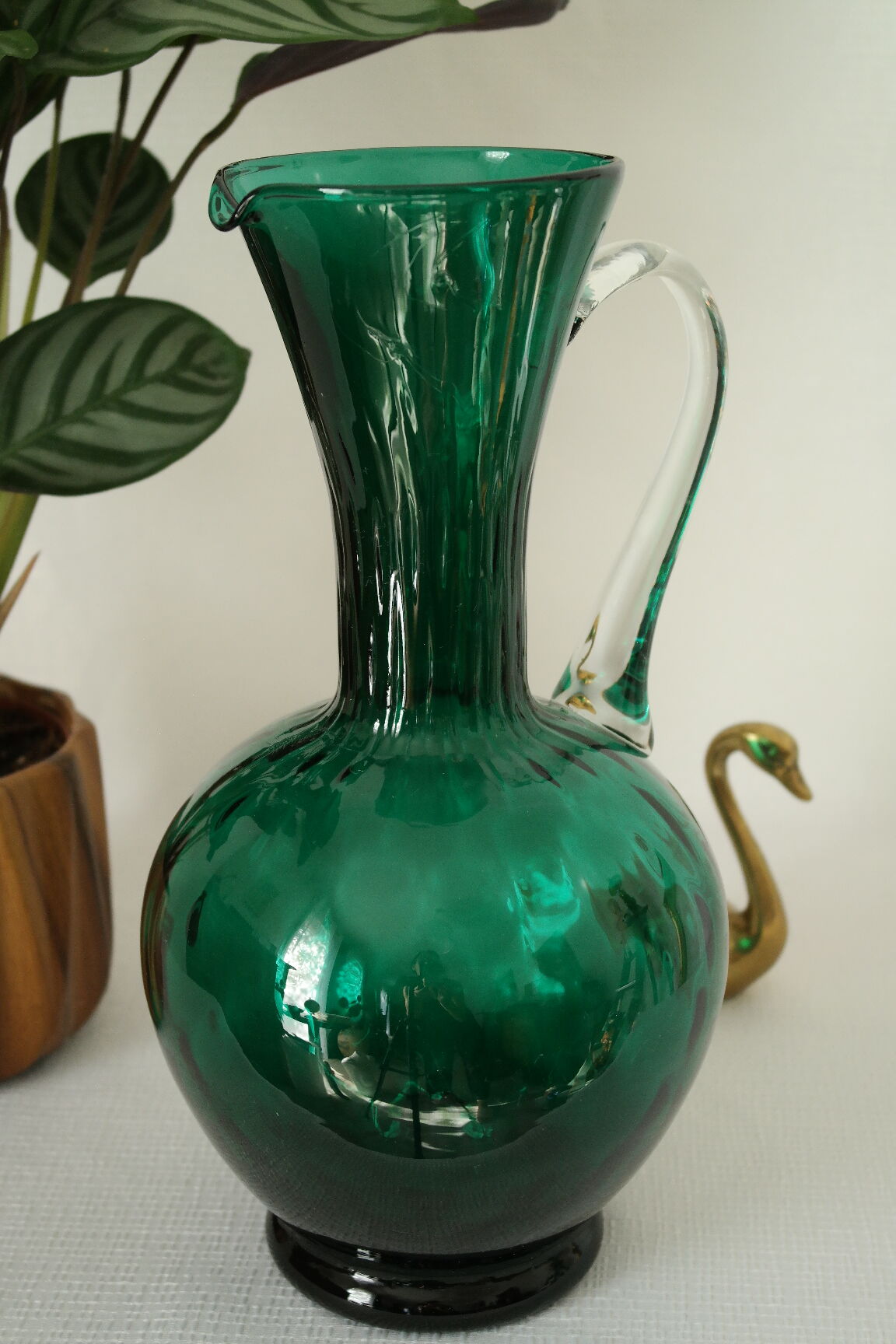 Vintage green blown glass jug vase