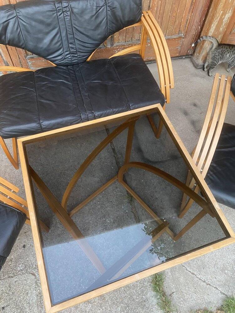 Ensemble mid-century 4 pièces cuir noir et bois clair : canapé 2 places, 2 fauteuils, table