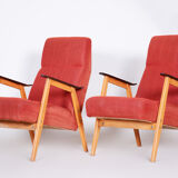 Pair of red Jaroslav Smidek armchairs made in 1950s Czechia