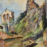 Peinture à l'huile antique représentant un clocher d'église en paysage du XIXe siècle