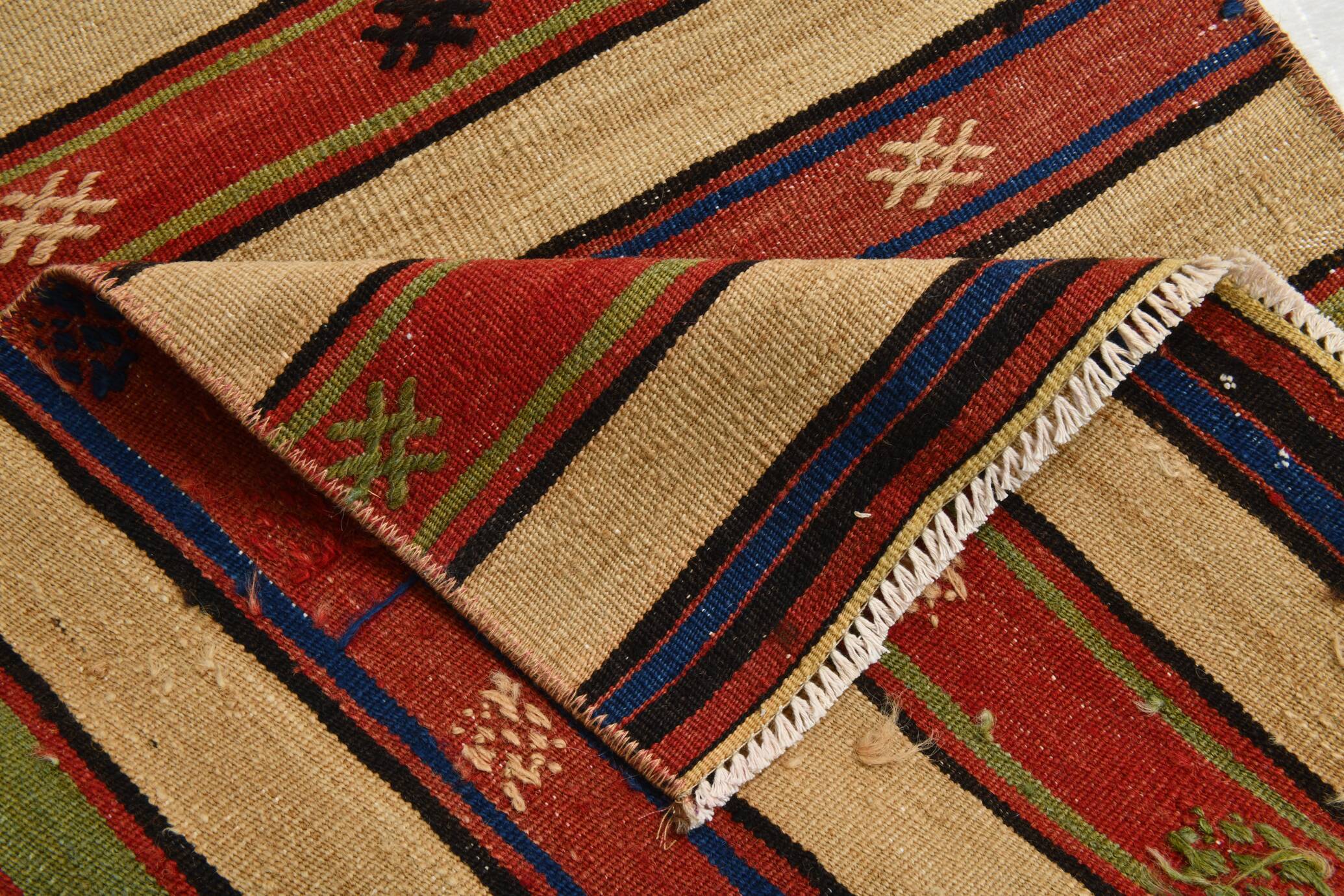 Vintage Sand Beige & Blue Kilim Runner Rug, 70x258Cm