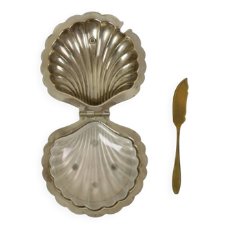 Beurrier coquillage en métal chromé et verre et couteau, Angleterre
