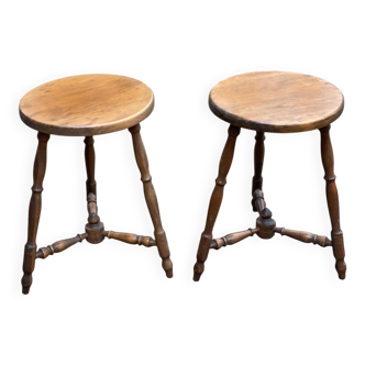 2 solid wood tripod stools from the 19th century