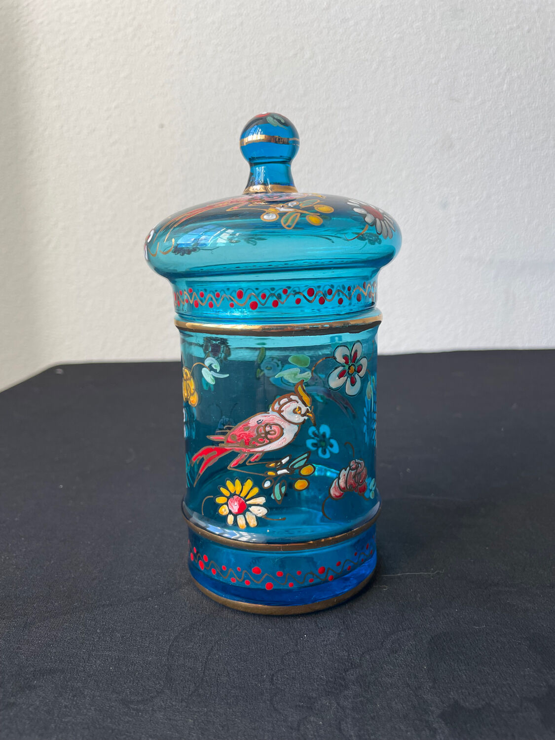 Hand-painted blue glass pot flowers and birds