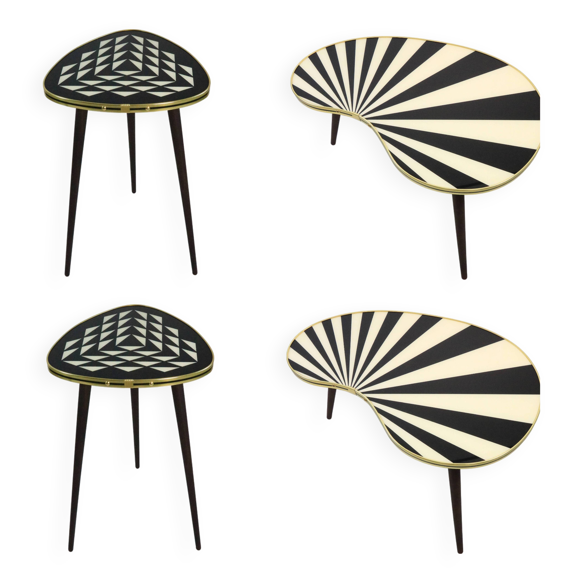 4 x side table retro, kidney shaped L, triangular high, black/white