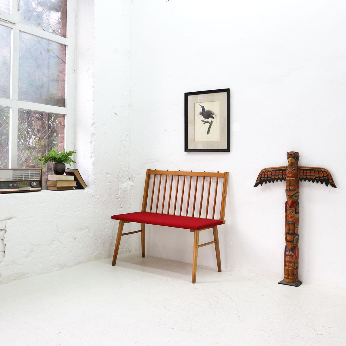Reupholstered beechwood bench, 1950s