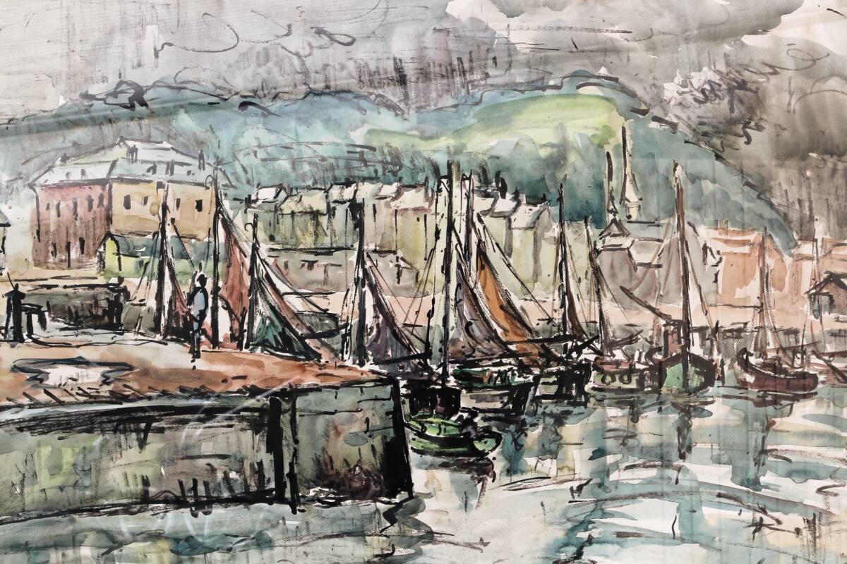 Watercolour, port of Honfleur, by Bernard Loriot (1925-1998)