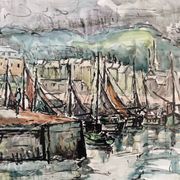 Watercolour, port of Honfleur, by Bernard Loriot (1925-1998)