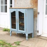 Buffet vitré ancien en bois massif bleu, rénové