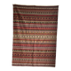 Large Indian rug with red, yellow, and white stripes and geometric fringes.