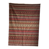 Tapis indien à bandes rouges jaune et blanches et frises géométriques