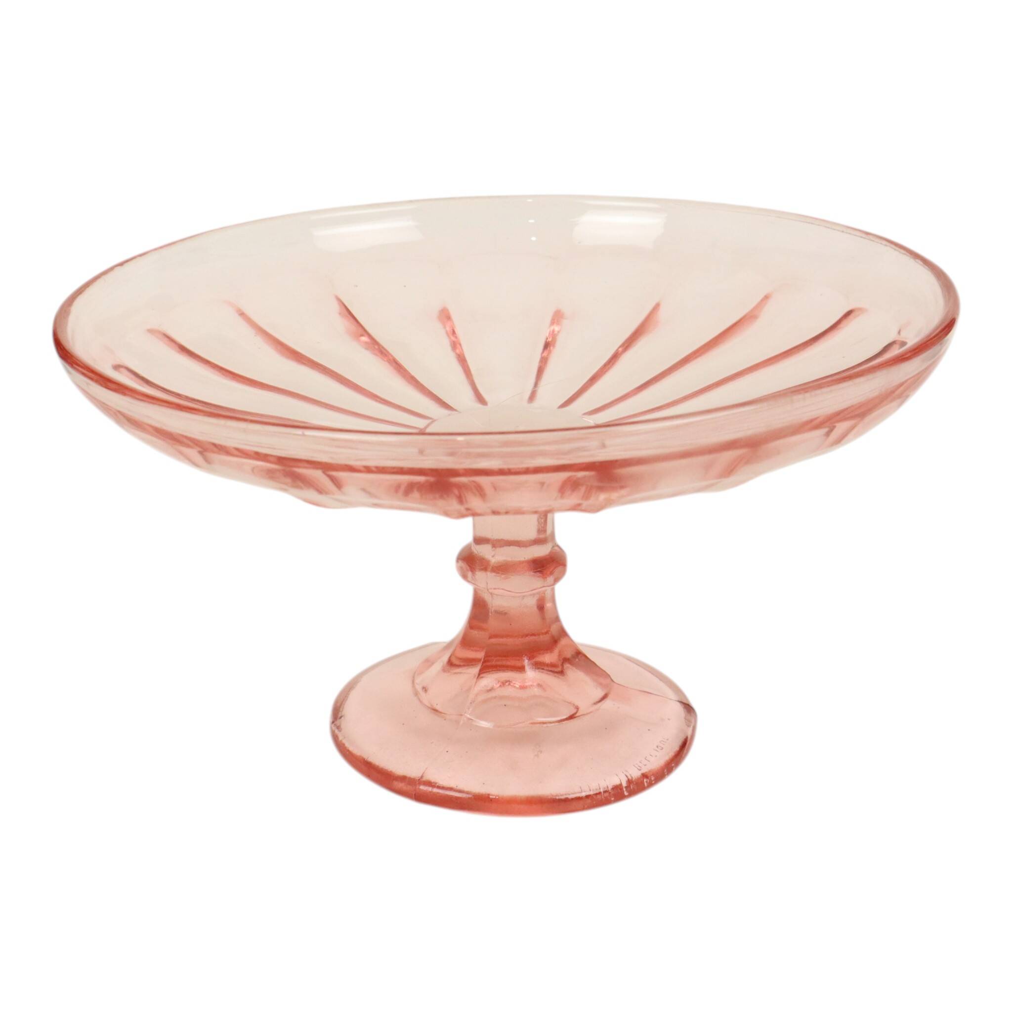 Bol à fruits haut Art Déco rose en verre dépression 28 cm