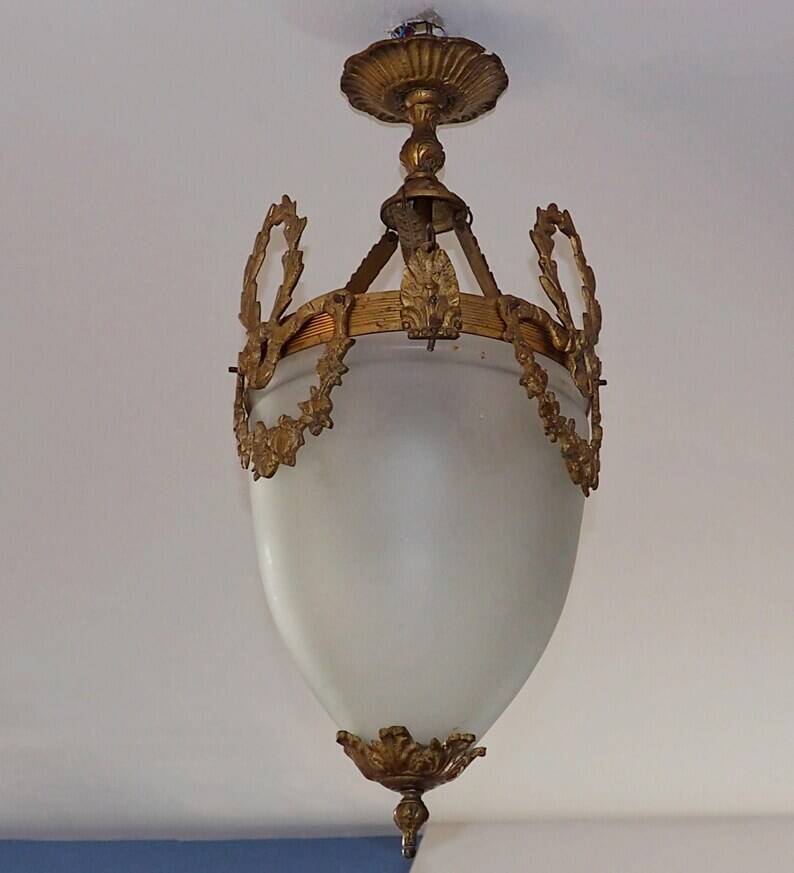 Antique French Louis XVI Style Glass and Bronze Pendant Lamp c. 1900