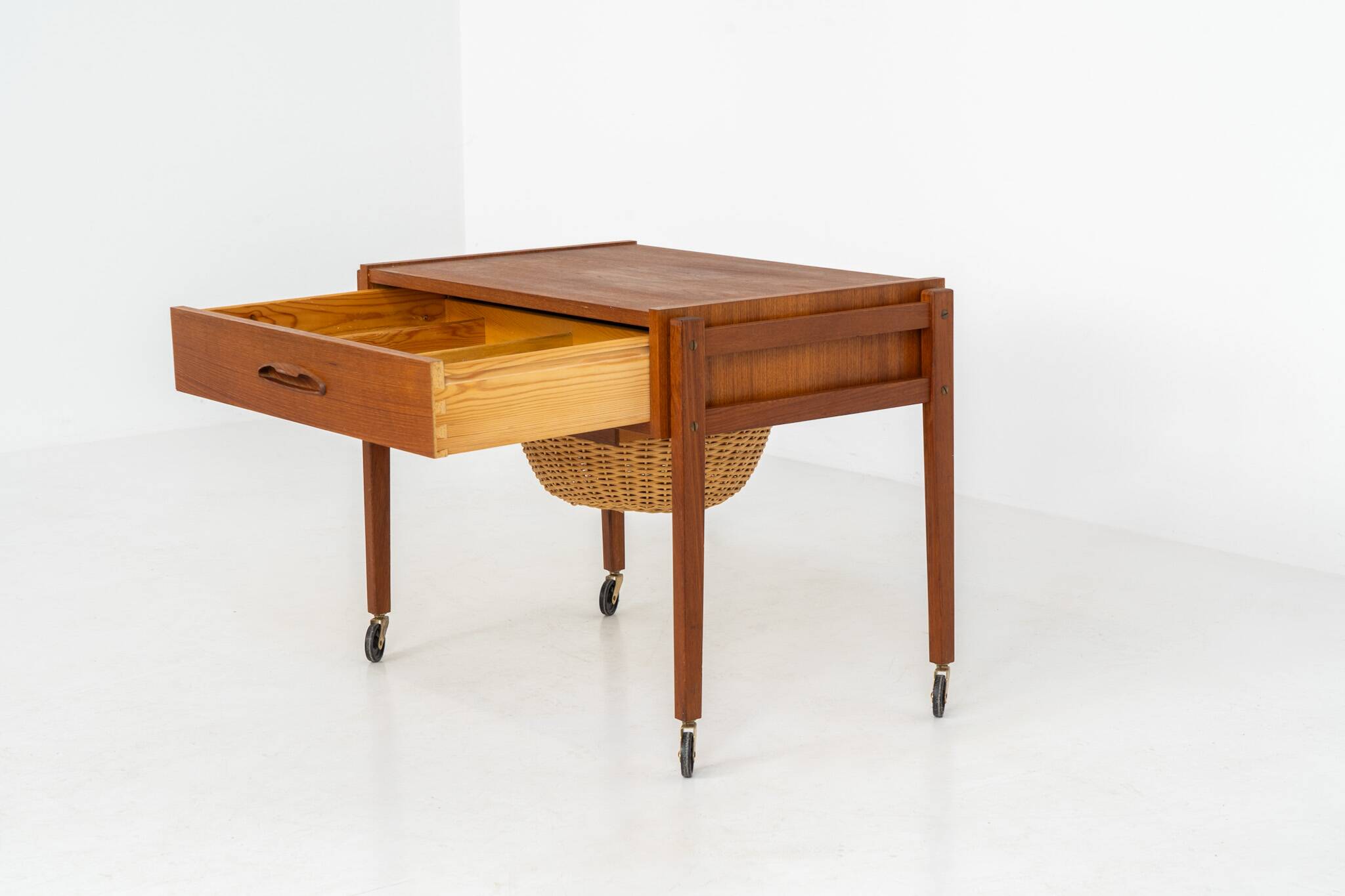 Teak sewing trolley / side table on castors