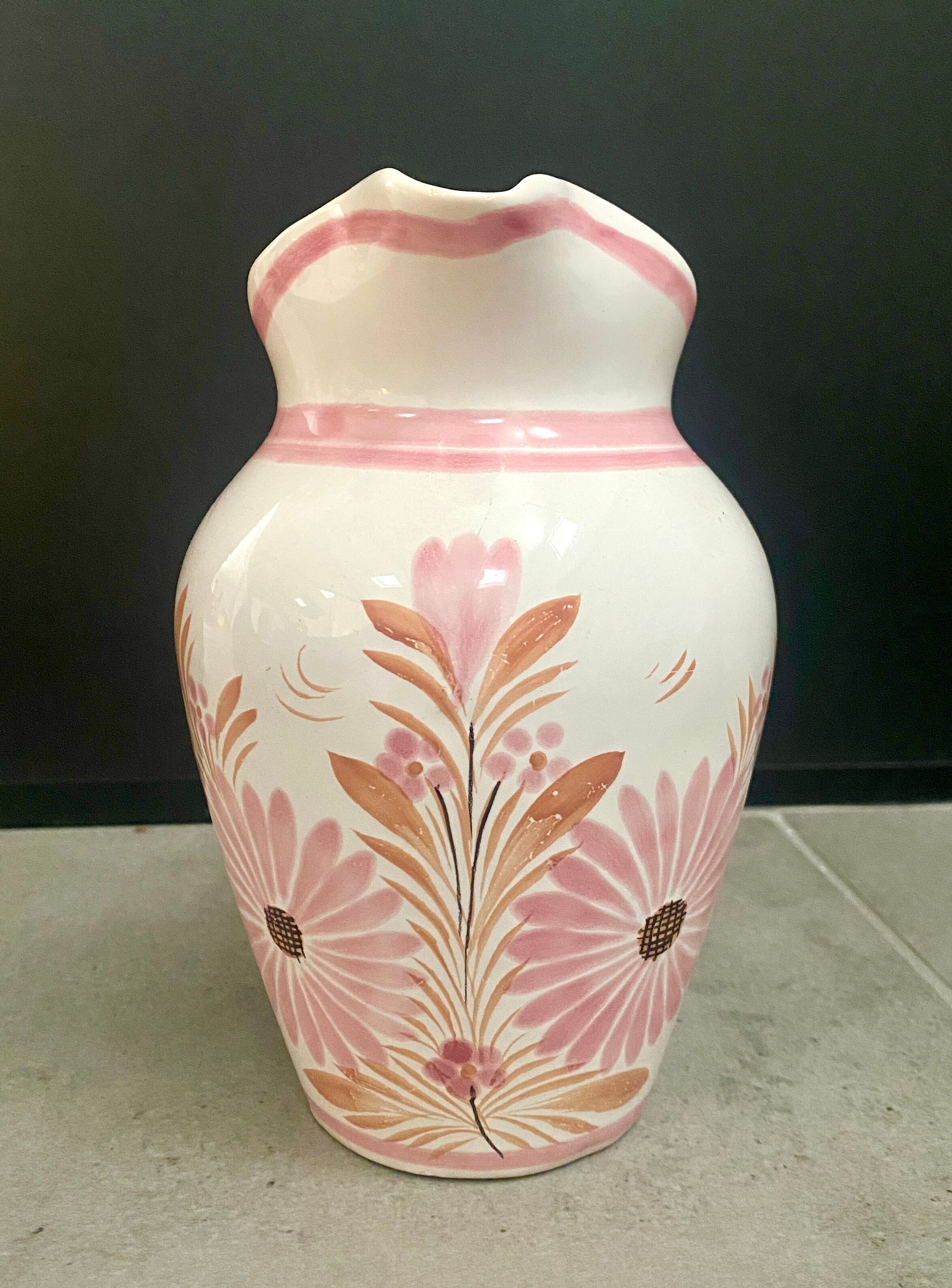Vase "henriot - quimper", pink floral ceramic - 70s