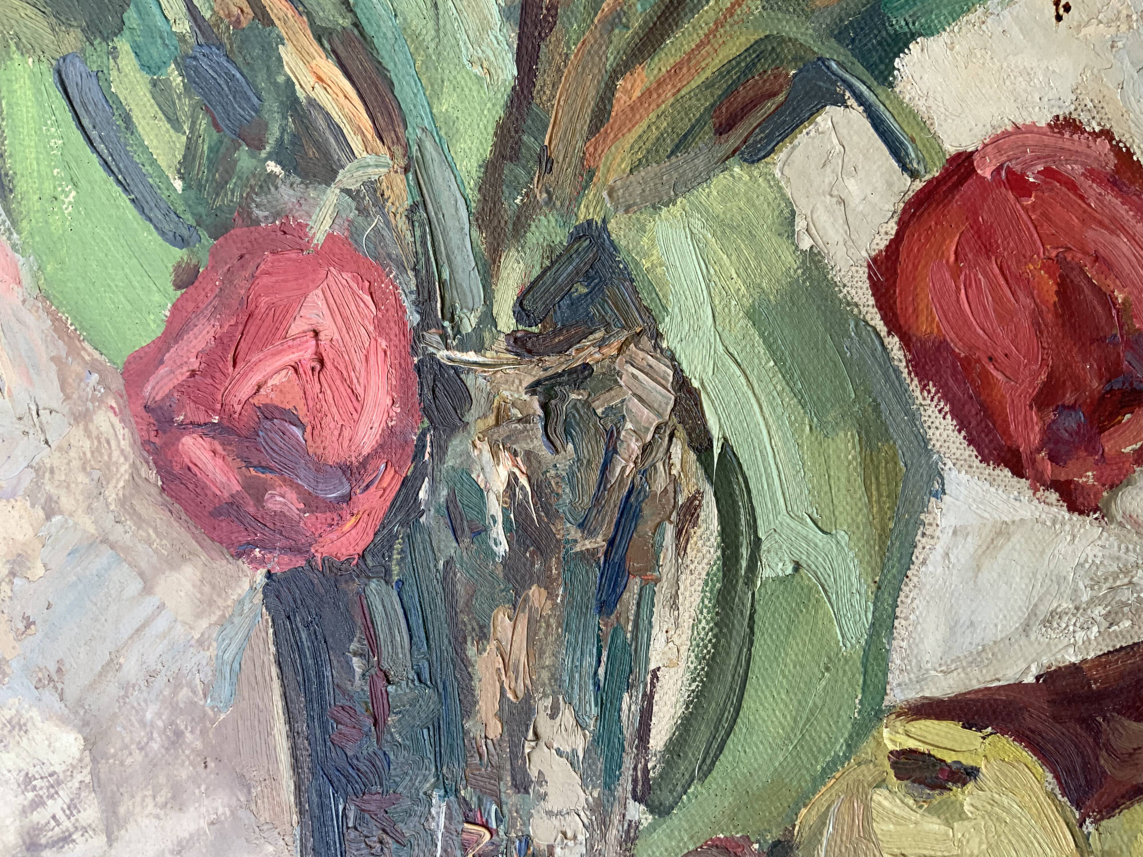 Vintage Still life with Tulips and apple, Oil Painting signed by M. Jonsson