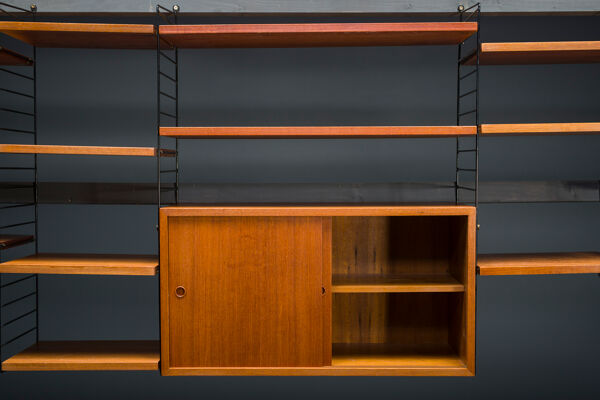Étagère murale modulaire en teck par Nils Strinning pour corde, années 1960, ensemble de 29