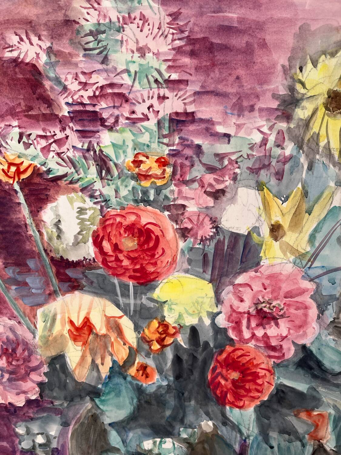 Summer flower bouquet, watercolour on double-sided paper.